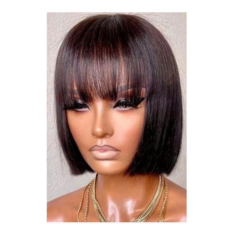 10-Inch Black Straight Bob Wig with Bangs - Brazilian Remy Human Hair