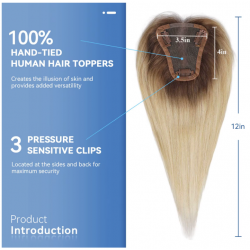 12-Inch Ombre Blonde Silk Base Straight Hair Topper - 100% Remy Human Hair Clip-In, 150% Density