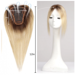 12-Inch Ombre Blonde Silk Base Straight Hair Topper - 100% Remy Human Hair Clip-In, 150% Density