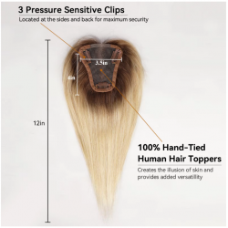 12-Inch Ombre Blonde Silk Base Straight Hair Topper - 100% Remy Human Hair Clip-In, 150% Density