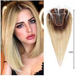 12-Inch Ombre Blonde Silk Base Straight Hair Topper - 100% Remy Human Hair Clip-In, 150% Density