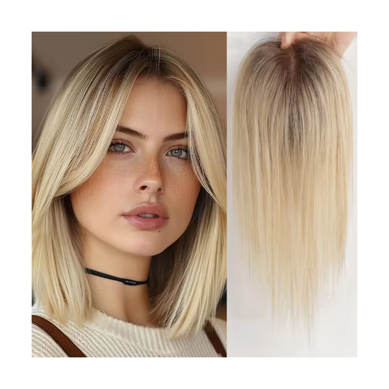 12-Inch Ombre Blonde Silk Base Straight Hair Topper - 100% Remy Human Hair Clip-In, 150% Density